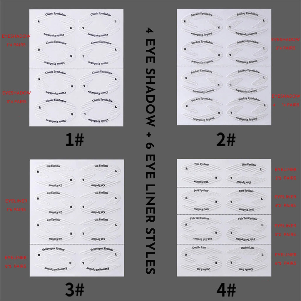 Set of four reusable flexible eyeliner and eyeshadow makeup stencil templates on a pink background.