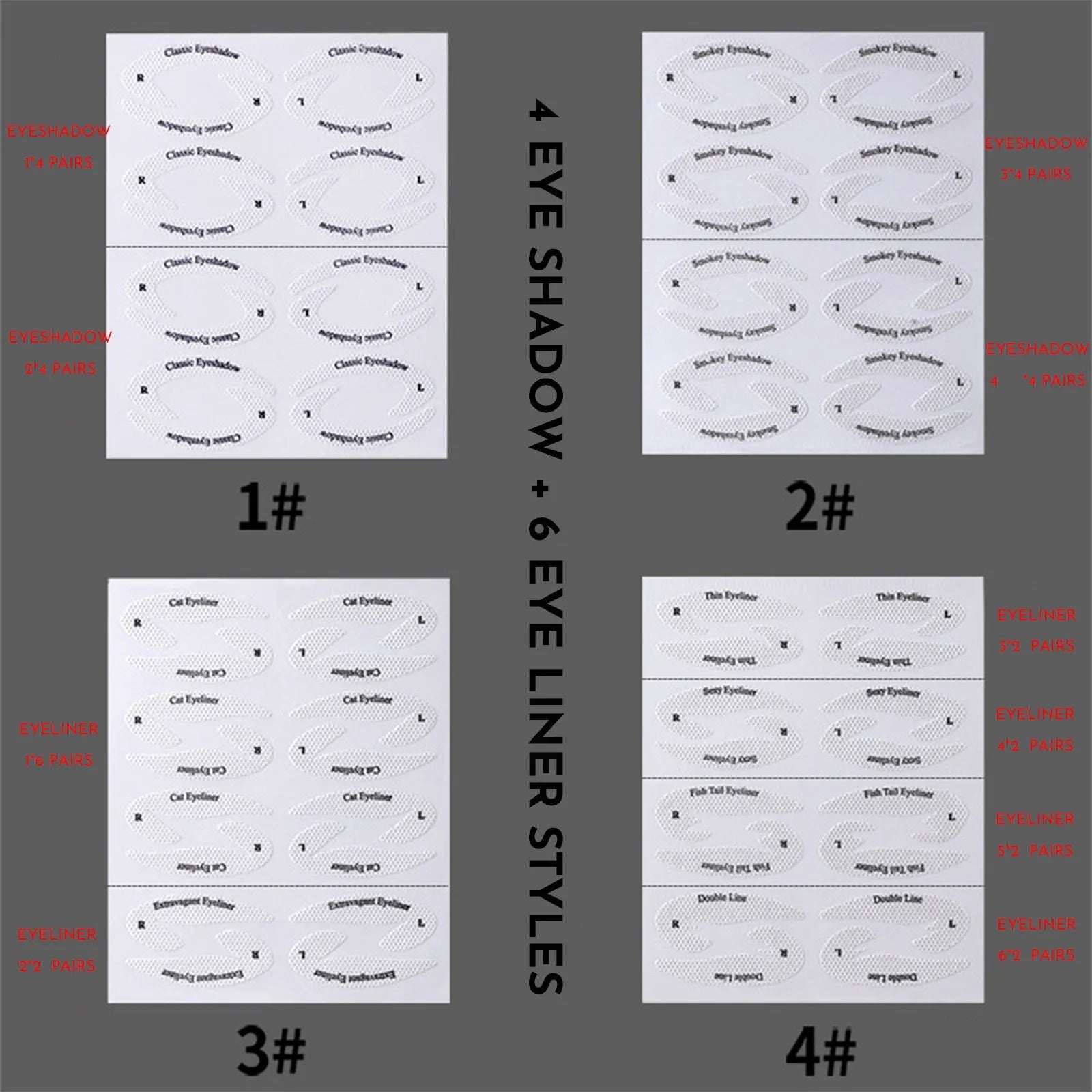 Set of four reusable flexible eyeliner and eyeshadow makeup stencil templates on a pink background.