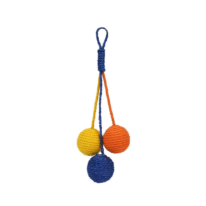 Cat teaser stick toy set with wand and three colourful catnip balls on blue background