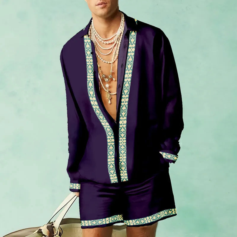 Mens casual summer outfit with long sleeve shirt and matching shorts in slim fit