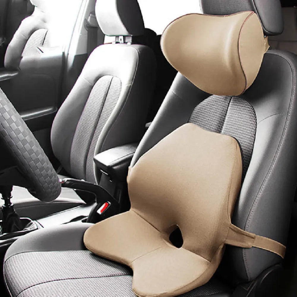 Memory cotton car waist pad and headrest set in neutral colours on car seat