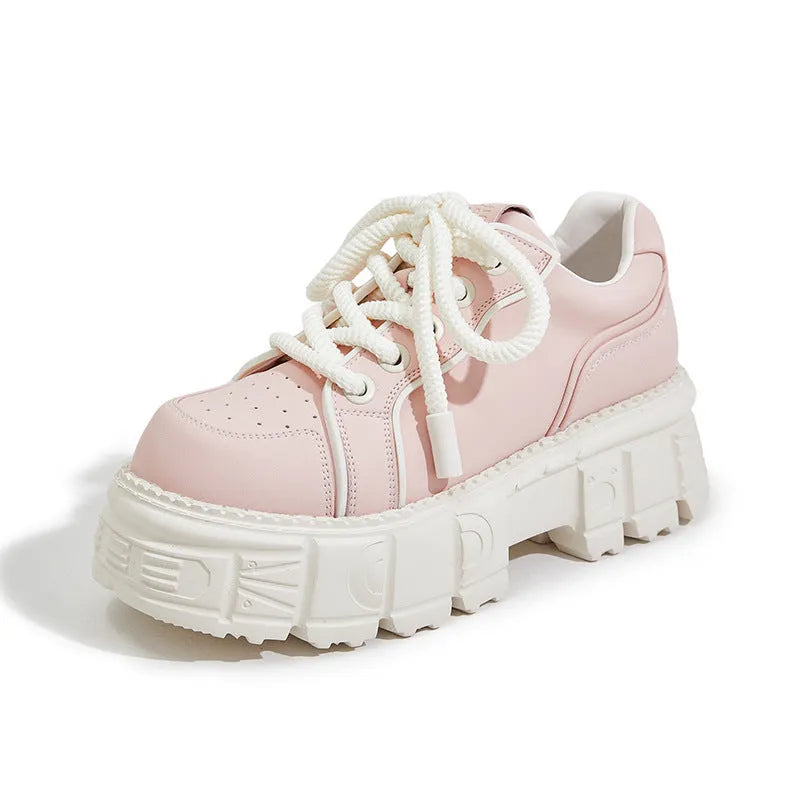 Women's spring muffin bottom casual leather shoes in beige and pink with height increasing design