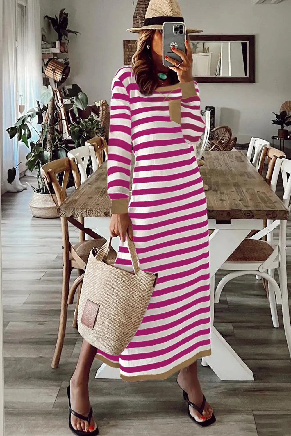 Striped printed long sleeve dress with contrast edge in Rose Stripe colour, viscose blend fabric, sizes S to 2XL