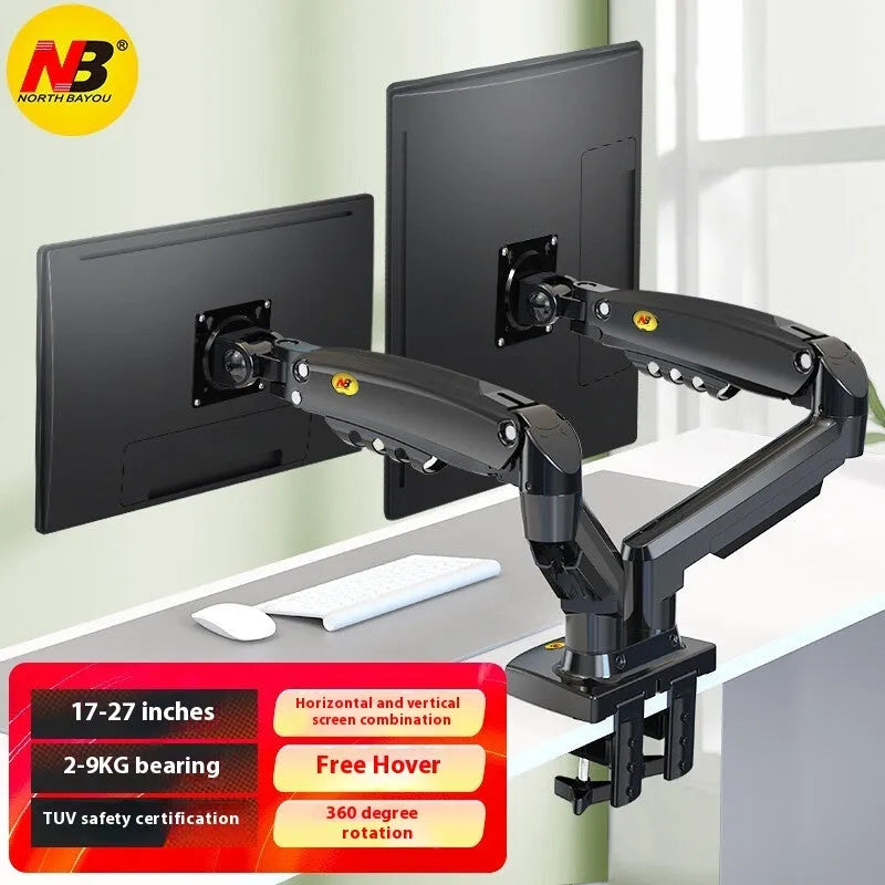 Aluminium alloy dual monitor desktop bracket in gun black colour, showing two adjustable arms for screens.