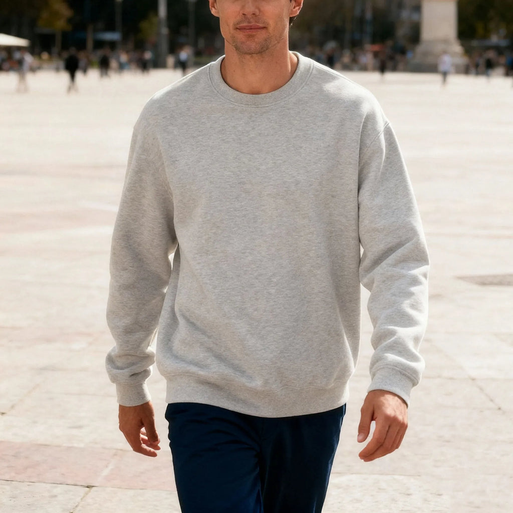 Men's round neck oversized polyester top in light gray, long sleeves, loose fit casual autumn shirt
