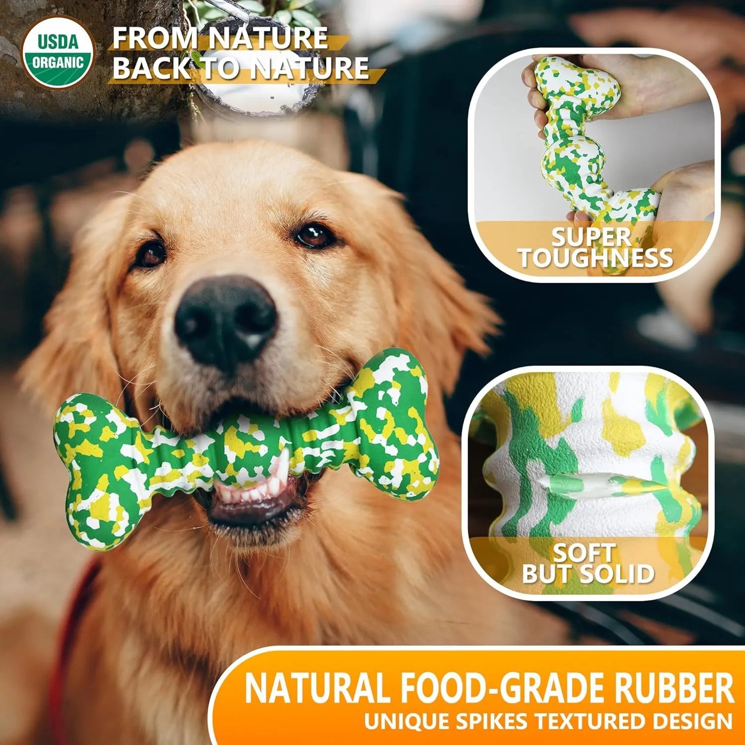 Green and white camouflage patterned natural rubber bone chew toy for dogs on a wooden floor.