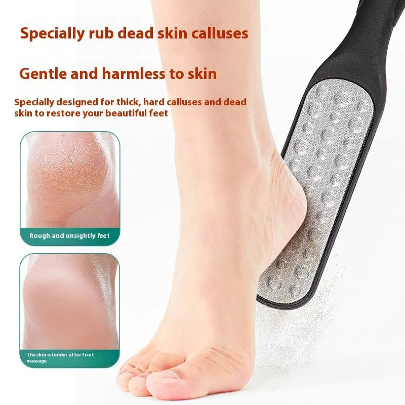 Stainless steel foot grinder tool with white and black double-sided sandpaper files for callus removal.