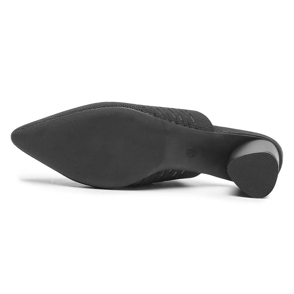 Women's black pointed toe sandals with toe cap and a 5cm chunky heel.
