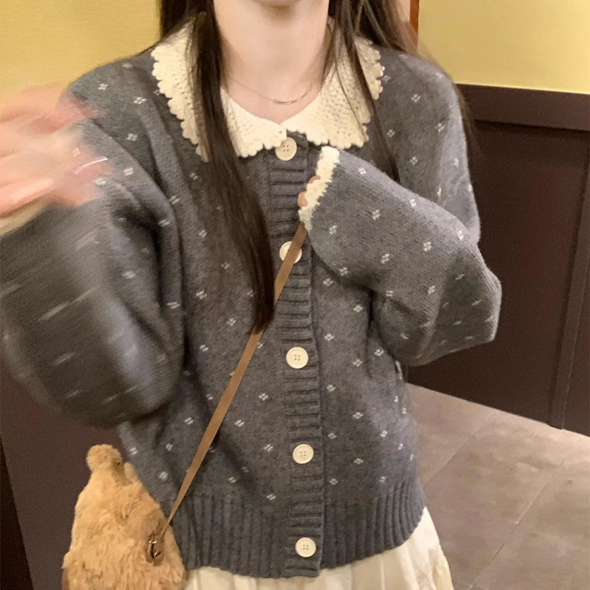 Retro Peter Pan collar floral pattern knitted cardigan coat in Japanese Korean casual style