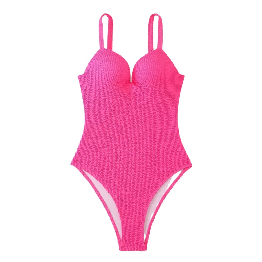 Women's one-piece swimsuit with sunken stripe pattern in polyester fabric, shown in multiple colour options