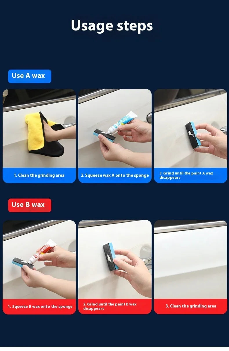 Car repair wax kit containing A Wax for scratch removal, B Wax for polishing, and frosted sponge mop