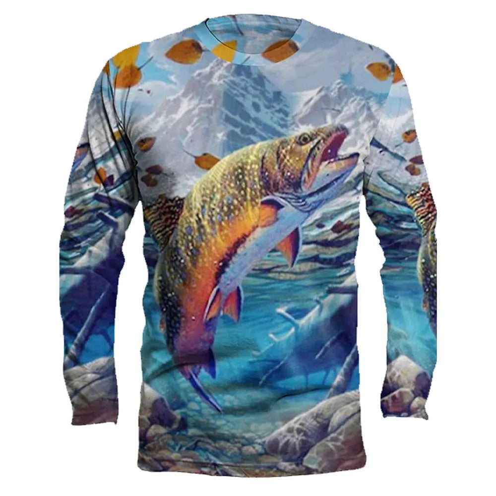 Men's grey pullover with a colourful fish pattern print on the front, showing round neck and long sleeves.