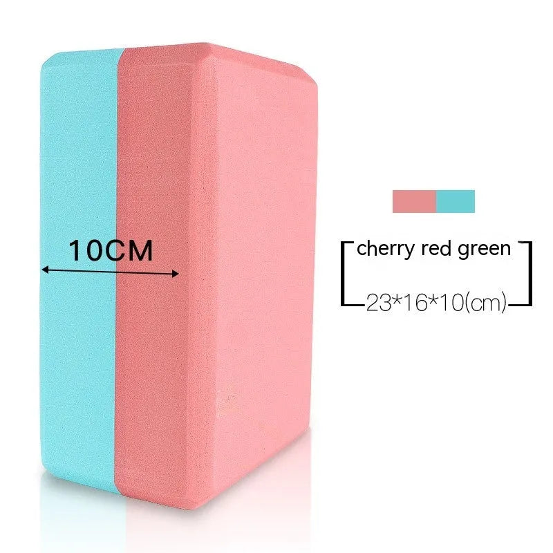 High-density EVA foam yoga block in assorted colours and prints, showing two thickness options for yoga and dance.