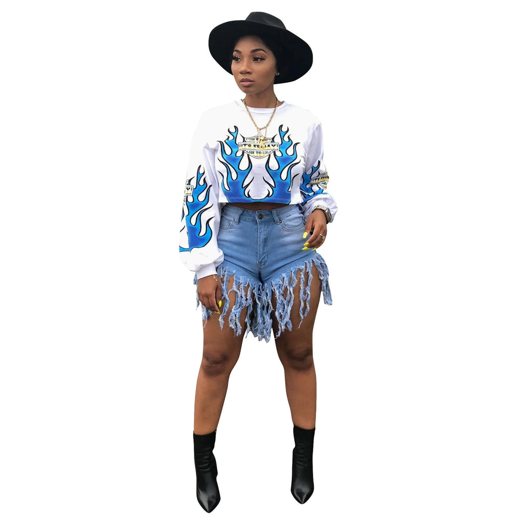 Women's flame positioning printed long-sleeved sweater in white polyester, loose fit street fashion pullover