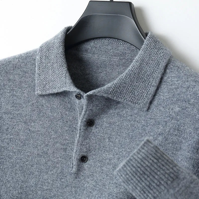 Men's grey wool pullover sweater with a polo collar and long sleeves laid flat.