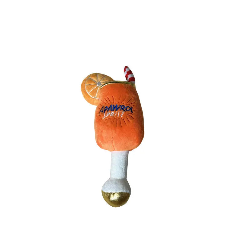 Yellow beer bottle squeaky plush dog chew toy measuring 7cm with teeth-cleaning mechanism