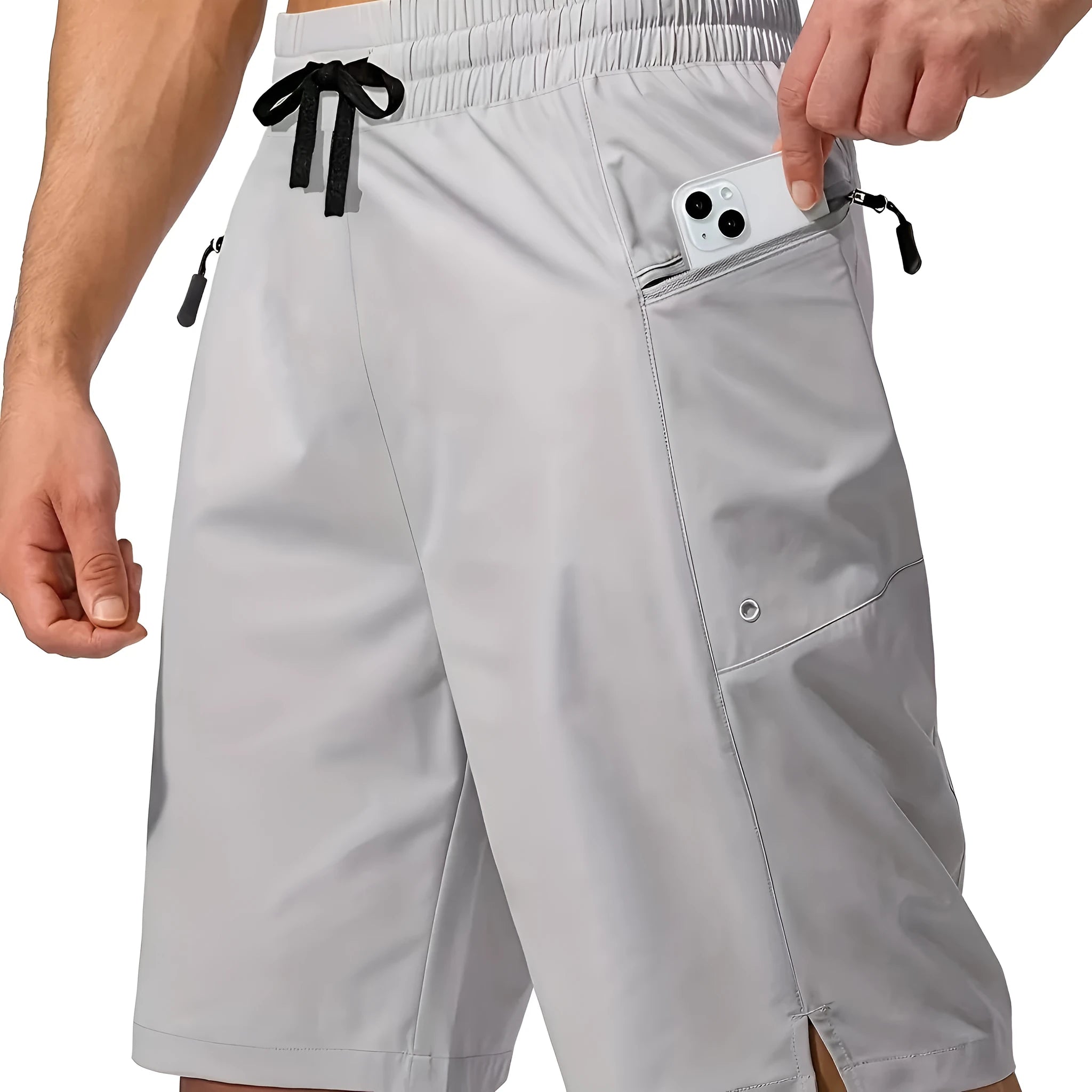 Man wearing straight cut quick-dry polyester beach shorts in a solid colour.