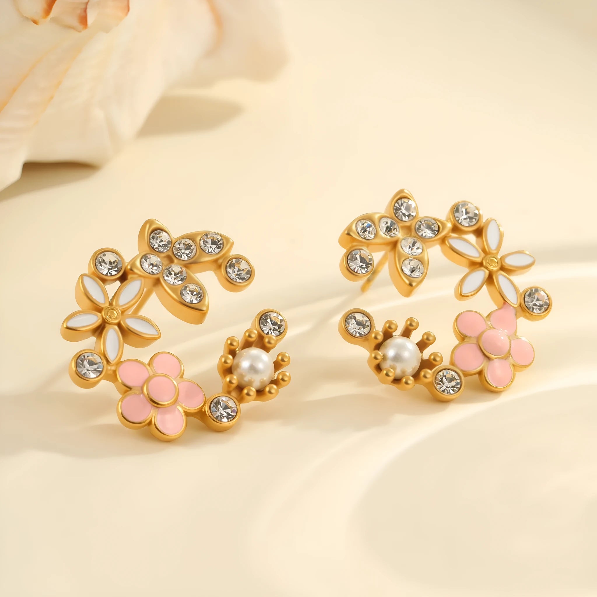 Colourful flower stud earrings with petal design on stainless steel with 18K electroplated finish