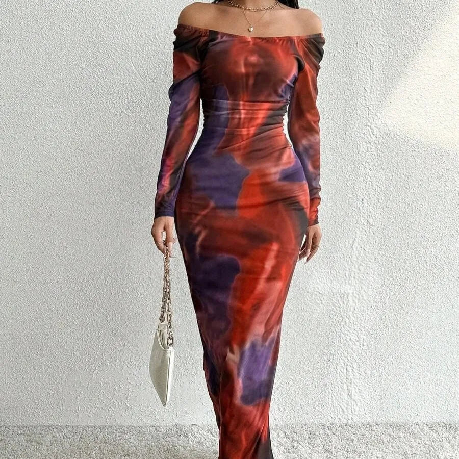 Women's long fishtail dress with square collar, pleated mesh fabric, and a split hem in a gradient colour.