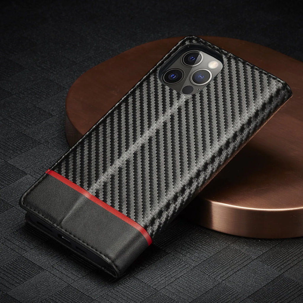 PU TPU handmade carbon fibre magnetic flip phone case in horizontal colour for iPhone
