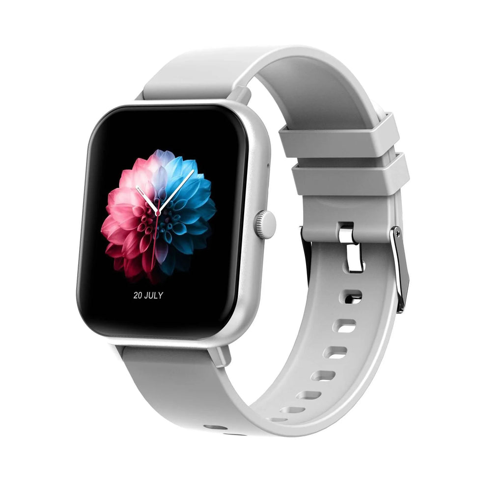 Bluetooth smart watch with heart rate monitor on wrist in black, pink, or silver grey colour.