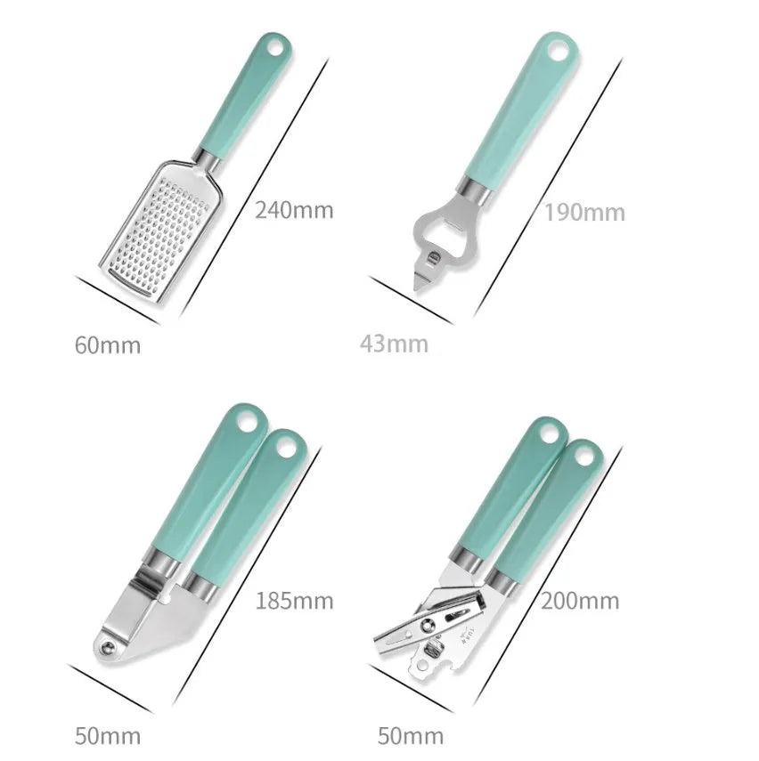 Set of nine stainless steel kitchen utensils with plastic handles in green, black, black and red, and black and green colour options on a light background