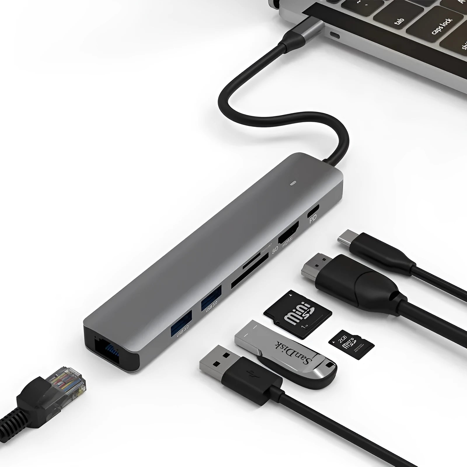 LQT-LH07 7-in-1 USB-C multiport hub with card reader, HDMI, Ethernet, and USB ports.
