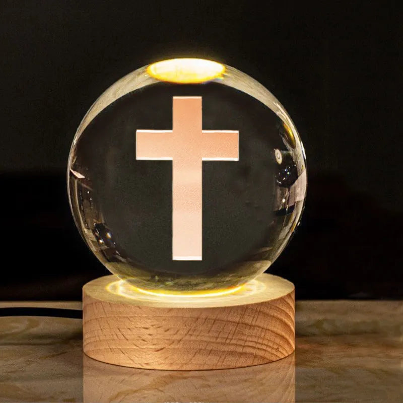 White crystal ball lamp with solid wood base and warm lighting in religious designs