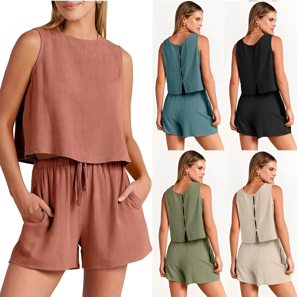 Women's apricot coloured sleeveless top and drawstring shorts summer 2-piece outfit set