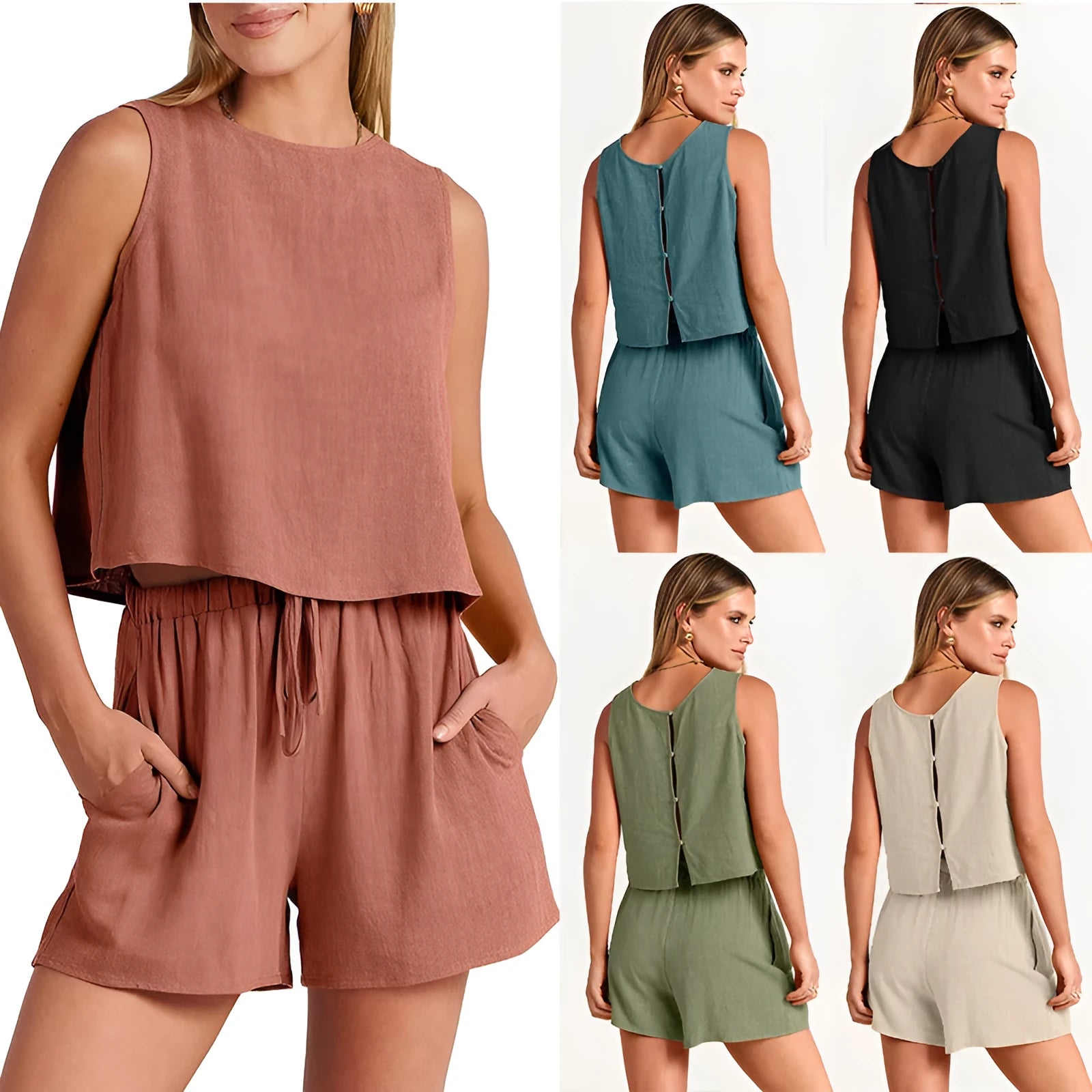 Women's apricot coloured sleeveless top and drawstring shorts summer 2-piece outfit set