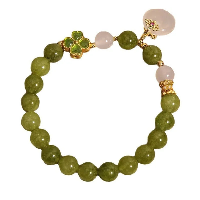 Natural stone green tourmaline women's bracelet with four-leaf clover charm and safety buckle closure
