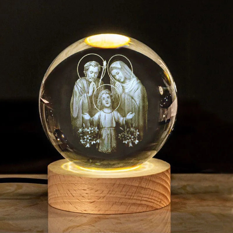 White crystal ball lamp with solid wood base and warm lighting in religious designs
