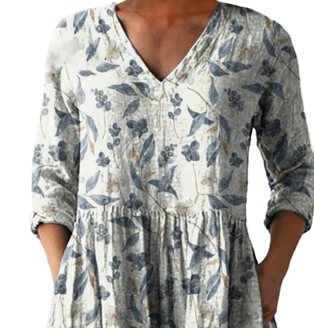 Women's printed wave pattern loose dress with 3/4 sleeves and wide waist design in various colour options