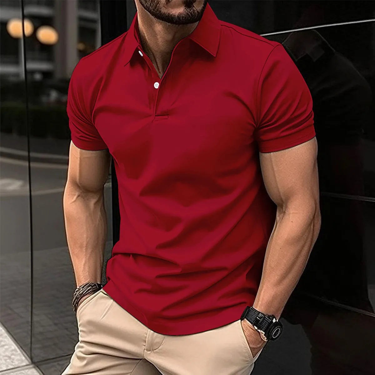 Men's solid colour short sleeve polo shirt with button lapel on a hanger
