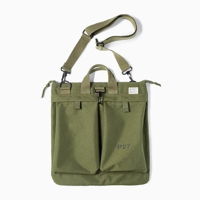 Medium vertical square canvas crossbody messenger bag in military green with shoulder strap