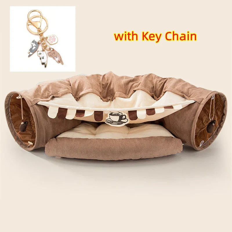 Collapsible cloth cat tunnel shown in a pop-up cylinder shape and folded flat, in a choice of colours.