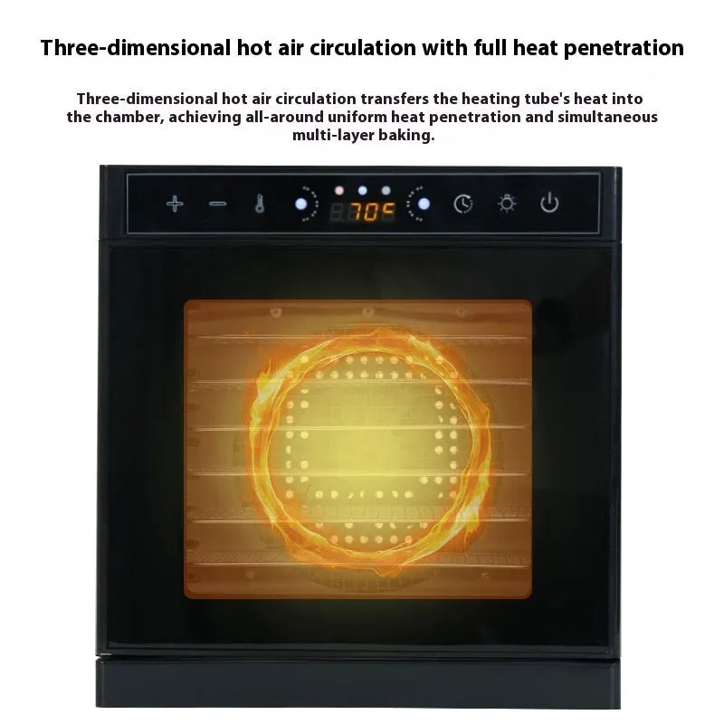 Stainless steel fruit dehydrator with multiple trays and an LED control panel.