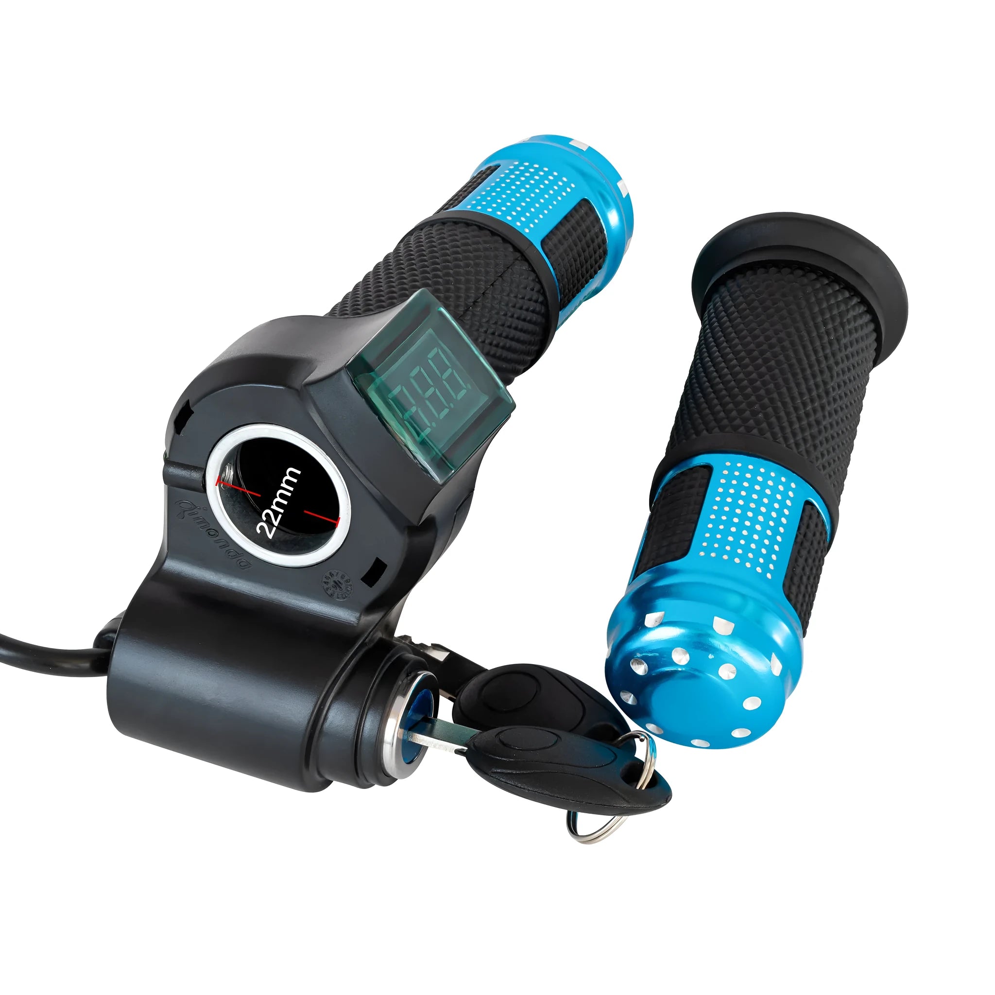 Electric vehicle handlebar control switch section with 5-core wires, shown in blue, red, silver, and yellow colour options.