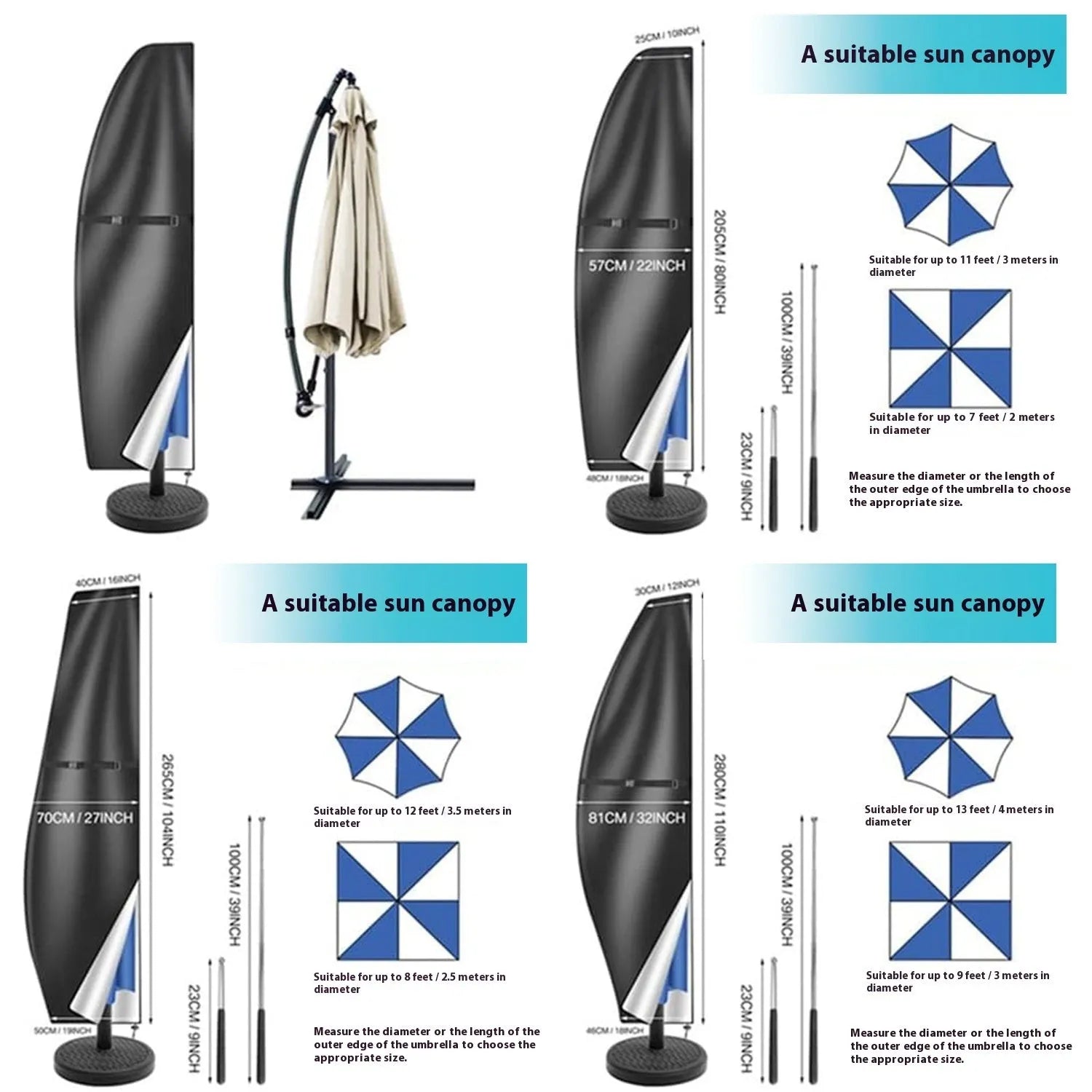 Black Oxford cloth waterproof cover for a grey offset banana-shaped garden umbrella.