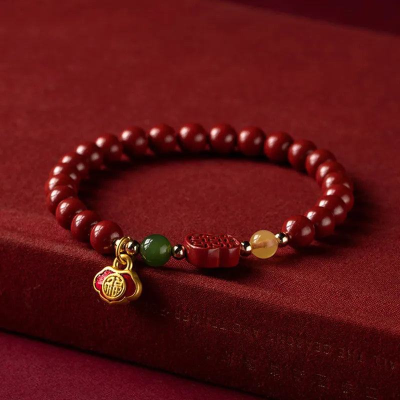 Cinnabar emperor sandstone bracelet with fu character symbol in new Chinese style design