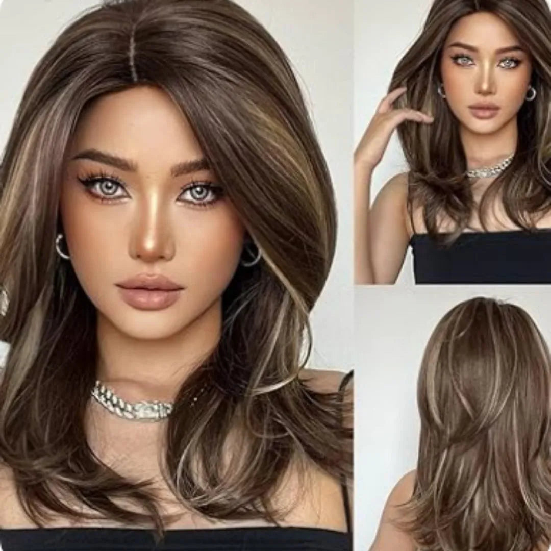 Mid-length curly synthetic wig with long bangs in gradient white gold, wine red, and brown colours