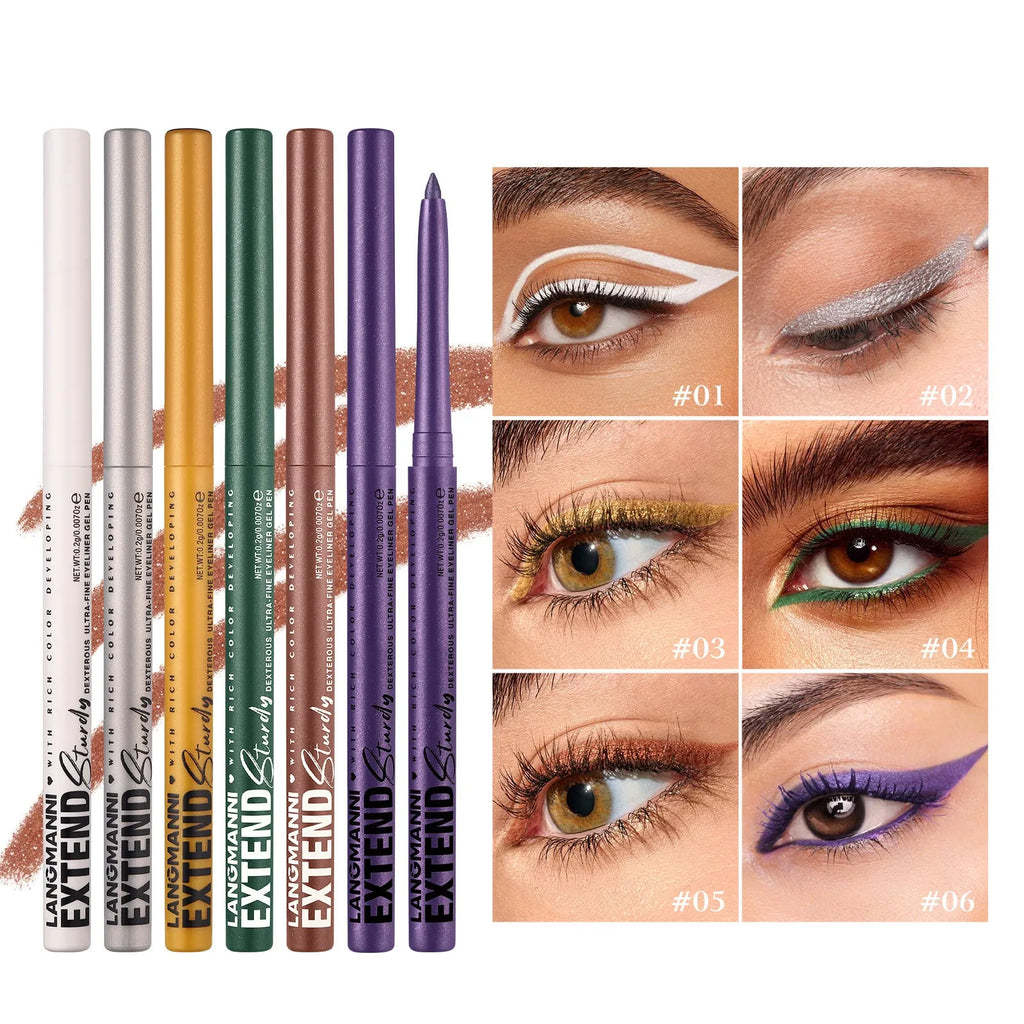 Set of 12 colourful gel glitter eyeliner pencils with matte, glitter, metallic, and pearl finishes