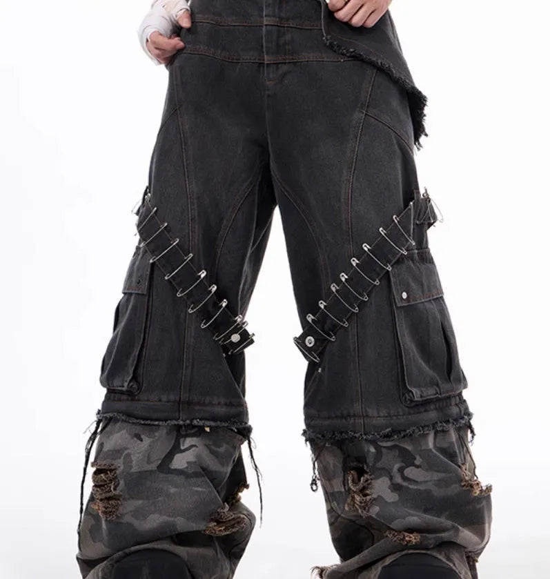 Men's grey camouflage splicing jeans with pin and ribbon structural details