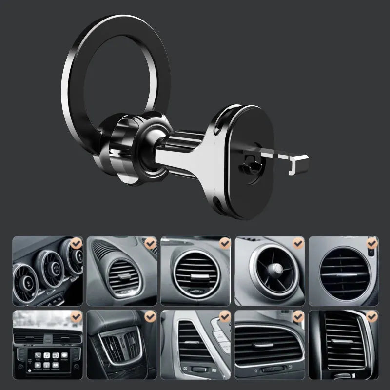 Black magnetic car air vent phone holder with O-ring bracket design for mobile devices