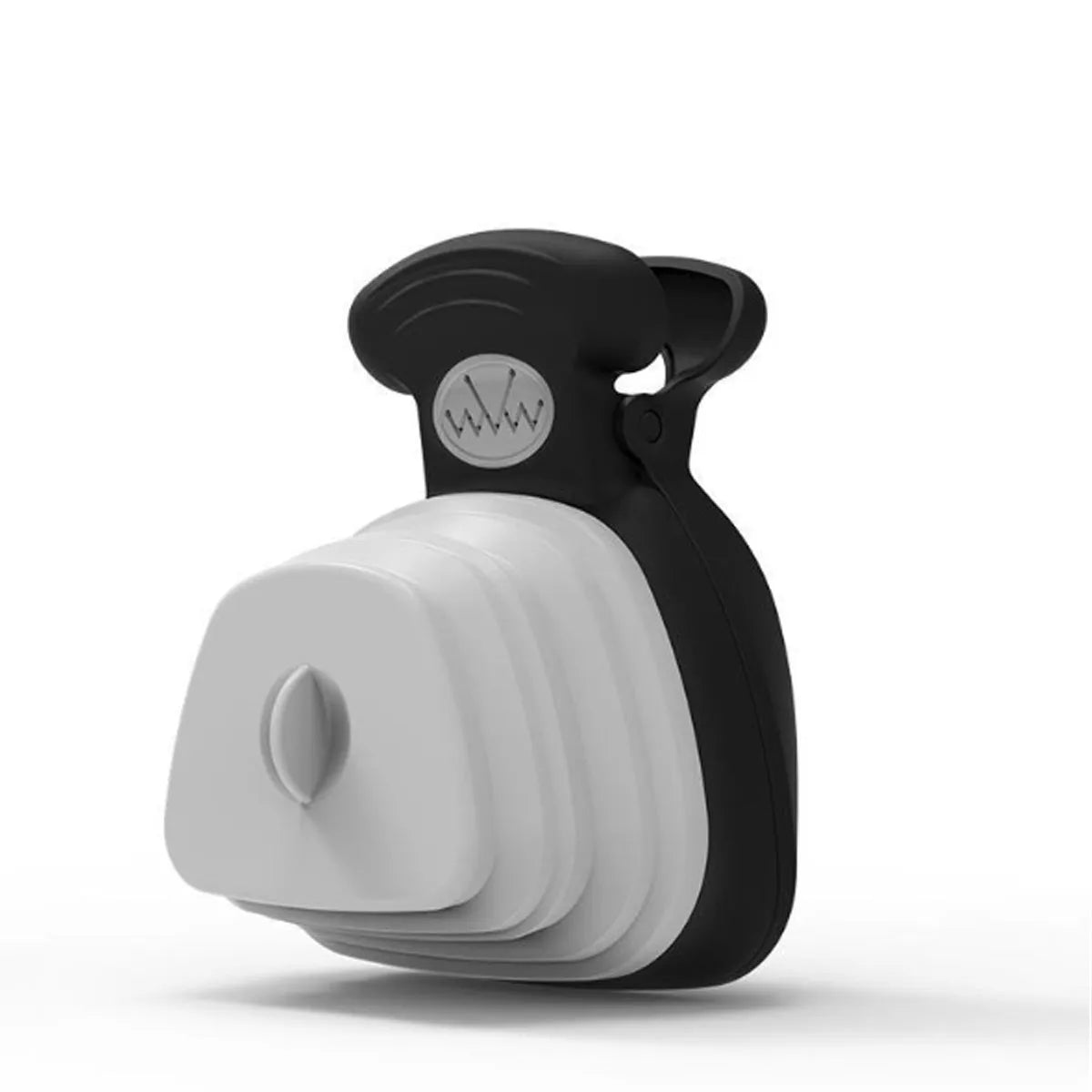 Blue portable pooper scooper with clip, expandable container, and integrated waste bag dispenser for dog waste cleanup.