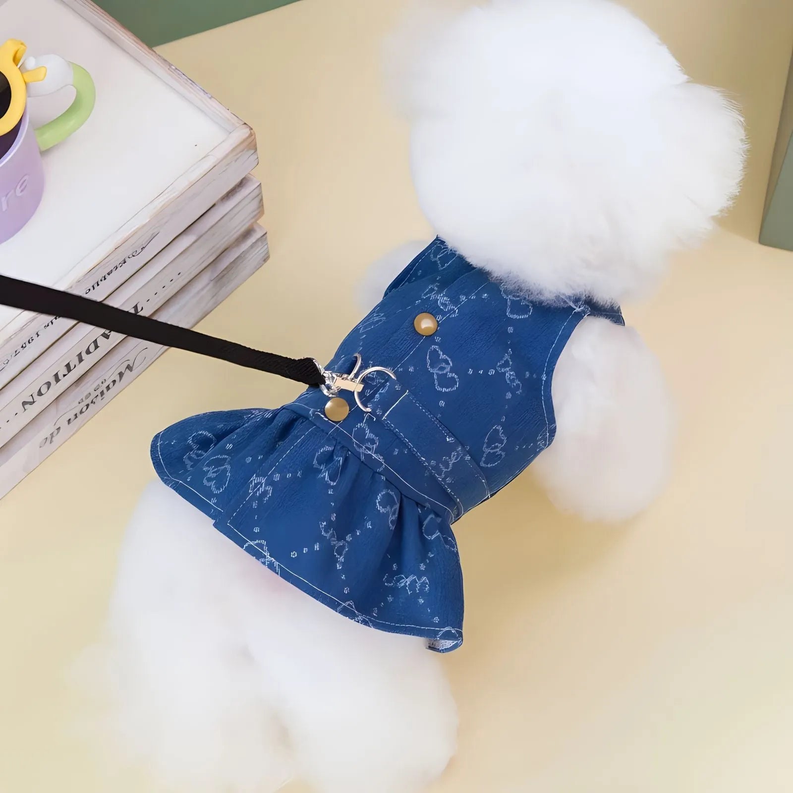 Small dog wearing denim princess dress with bracket skirt design for spring and autumn seasons