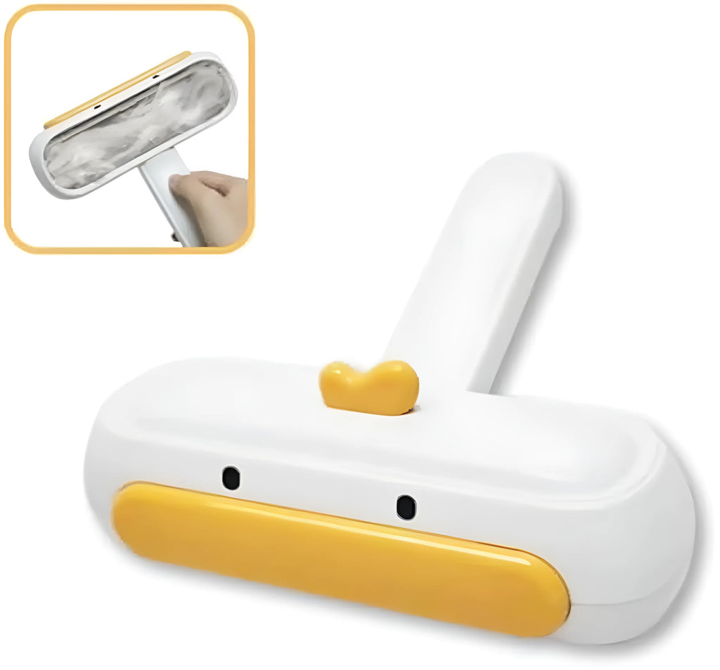 Portable yellow duck pet hair remover tool with polyester bristles for furniture and car seats.