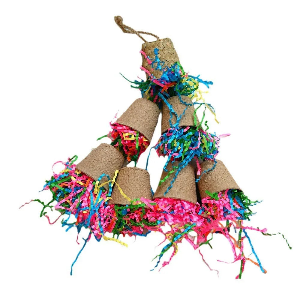 Parrot paper cup palm weaving gnawing toy hanging with woven texture visible