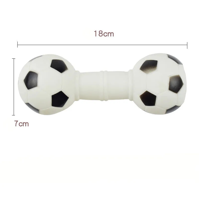 Brown football dumbbell shaped dog squeaky chew toy on white background