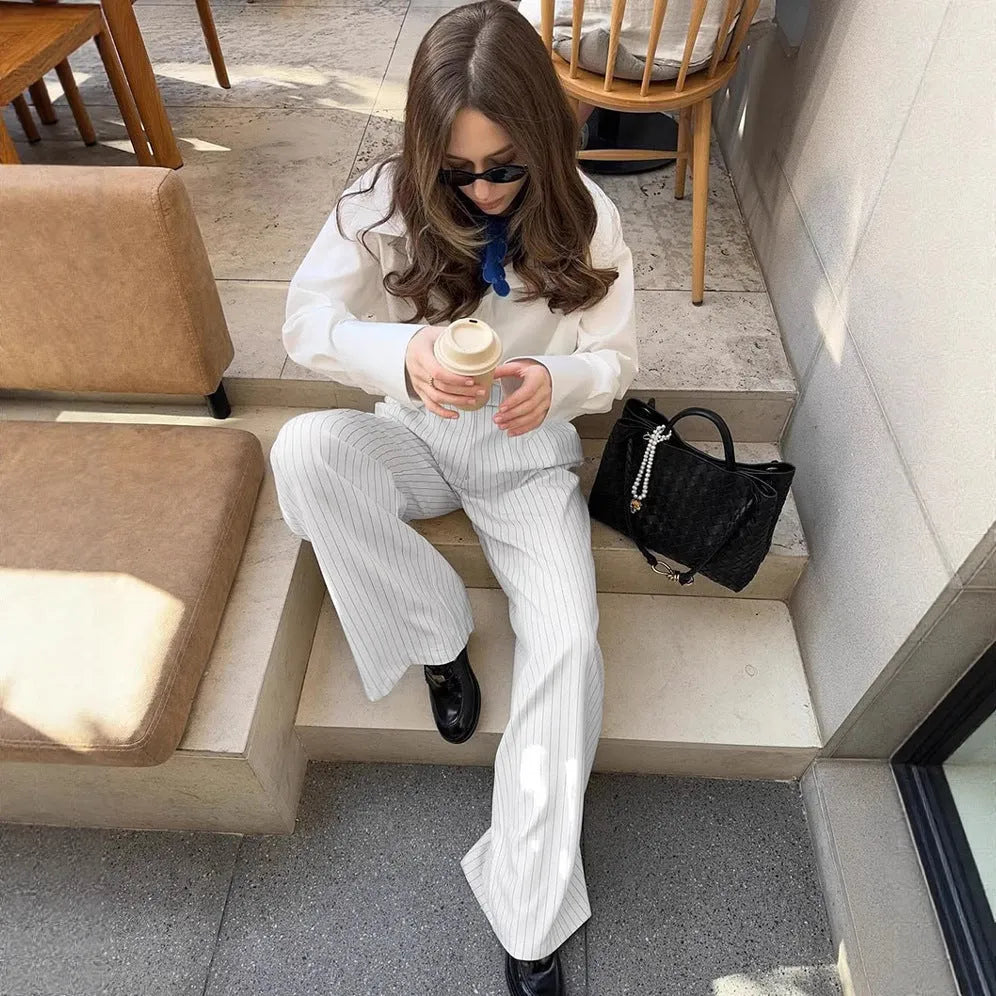 White striped wide-leg commuting trousers with front zipper detail and loose fit